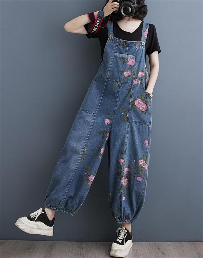 Mouhoukyo Denim Cute Floral Loose Size Women's Overalls, Jumpsuit, Wide-leg Pants, Print, Casual, Fit, Flattering, Spring/Autumn (Color shown, M)