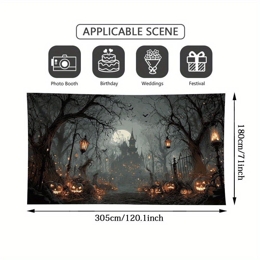 A large garage door banner depicting a terrifying haunted house scene - 2D printed on a flat surfacezyc