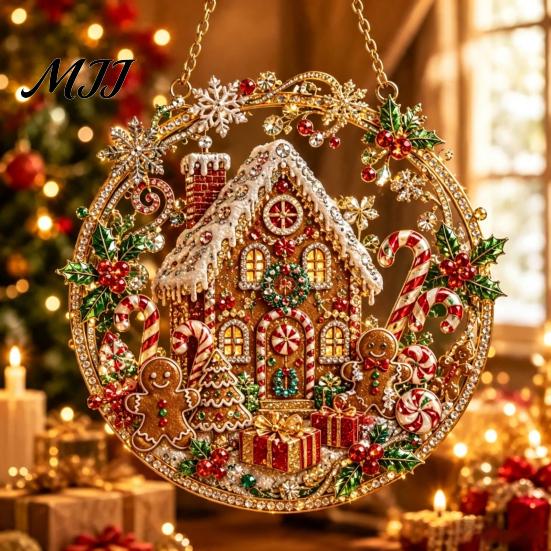 DIY třpytivá vánoční umělecká sada na malování perličkami, lapač slunce, 3D betlém/Santa Claus/ptáček/stromeček, sváteční dekorace na okno, korálky