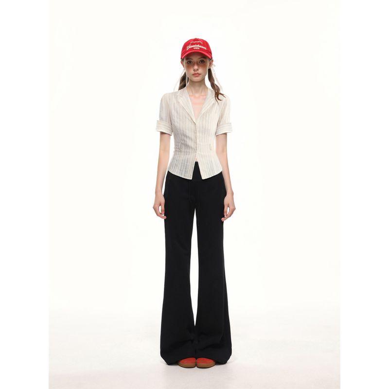 Shiyiyue American-Style Striped Waist-Tie Shirt for Women, Summer Turn-Down Collar Cardigan with a Slimming Design, Short-Sleeve Shirt