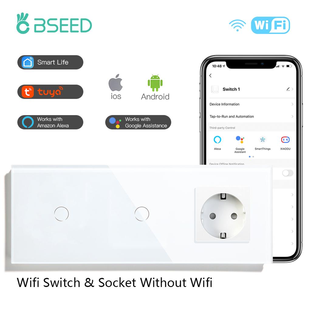 BSEED  Wifi Double 1/2/3Gang Touch Switches Smart Life Alexa Control Plus Normal Wall Power Socket EU Standard Glass Panel 228mm