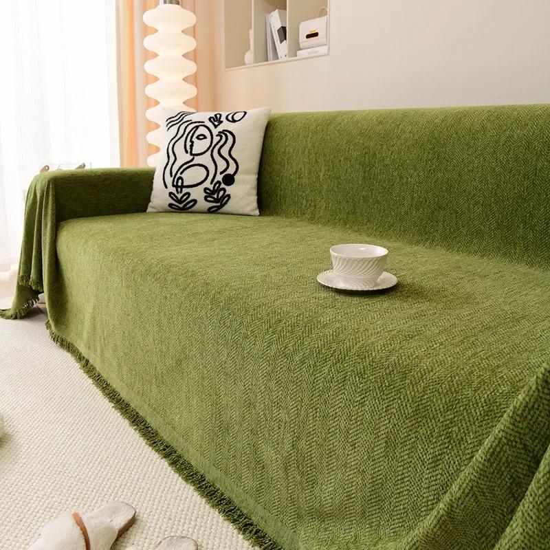 High Quality Waterproof Chenille Sofa Cover Cloth Green Striped Sofa Cushion Four Season Universal 3 Seat All Inclusive Blanket