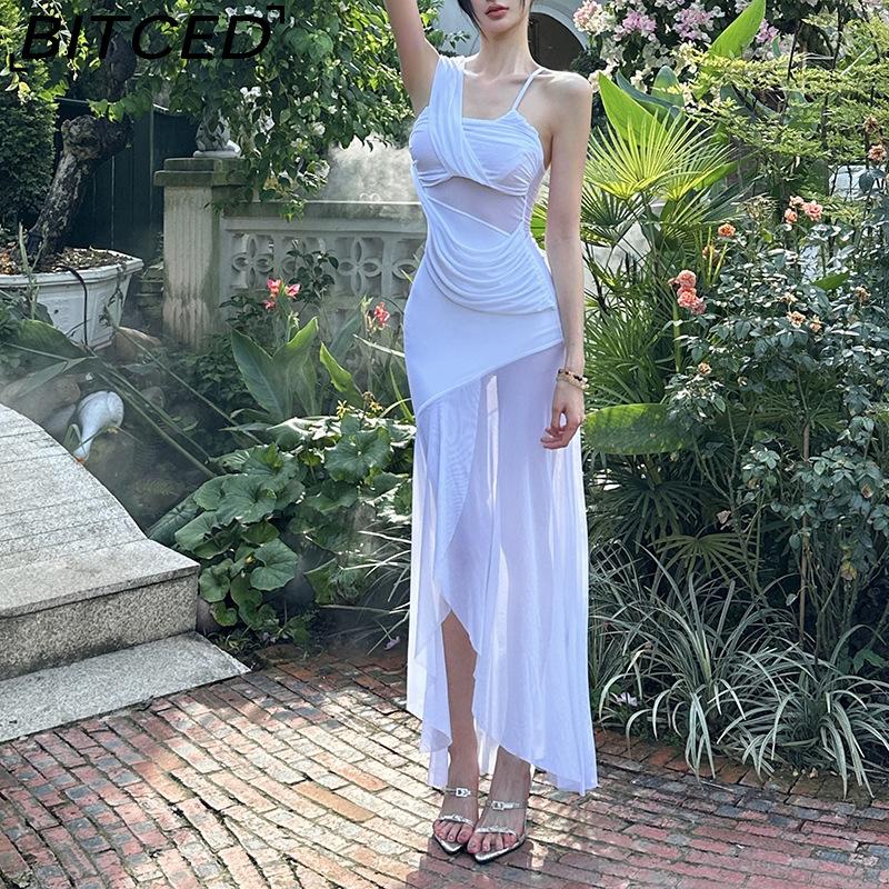 BITCED Summer Women's Solid-Colour Slim-Fit High-Waisted Fashion Strapless Sleeveless Mesh Dress