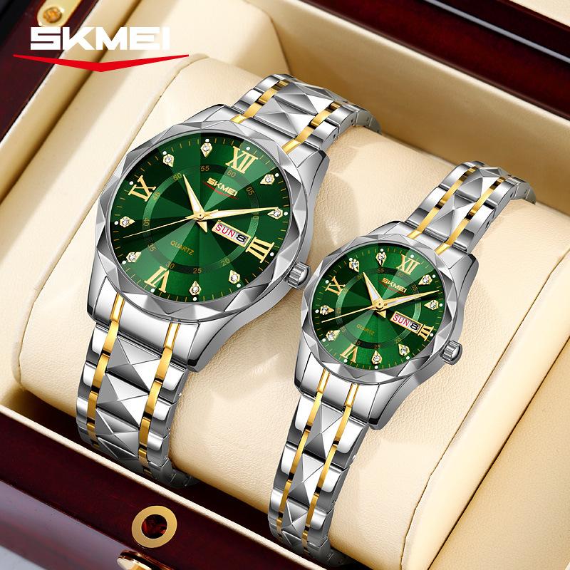 SKMEI Luxury Couple Watches Waterproof Luminous Date Week Watch for Female Male Quartz Stainless Steel Women Men Watch
