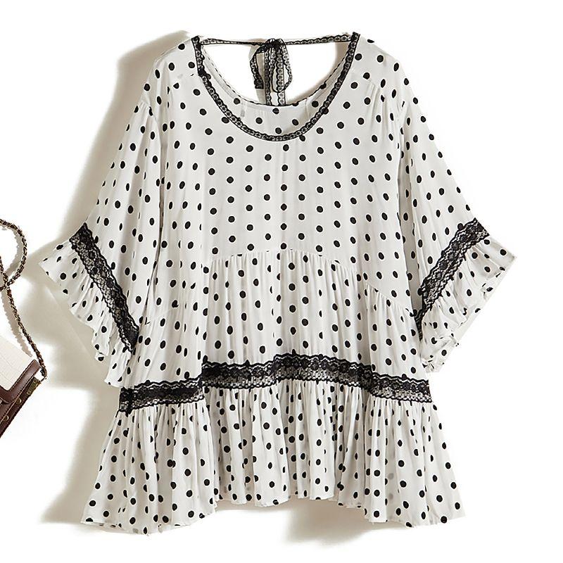 

Youth! Polka Dot Control Cute Female Poplin Silk Ruched Lace-up Backless round Neck Short Sleeve and Long Pattern T-shirt Forced White L