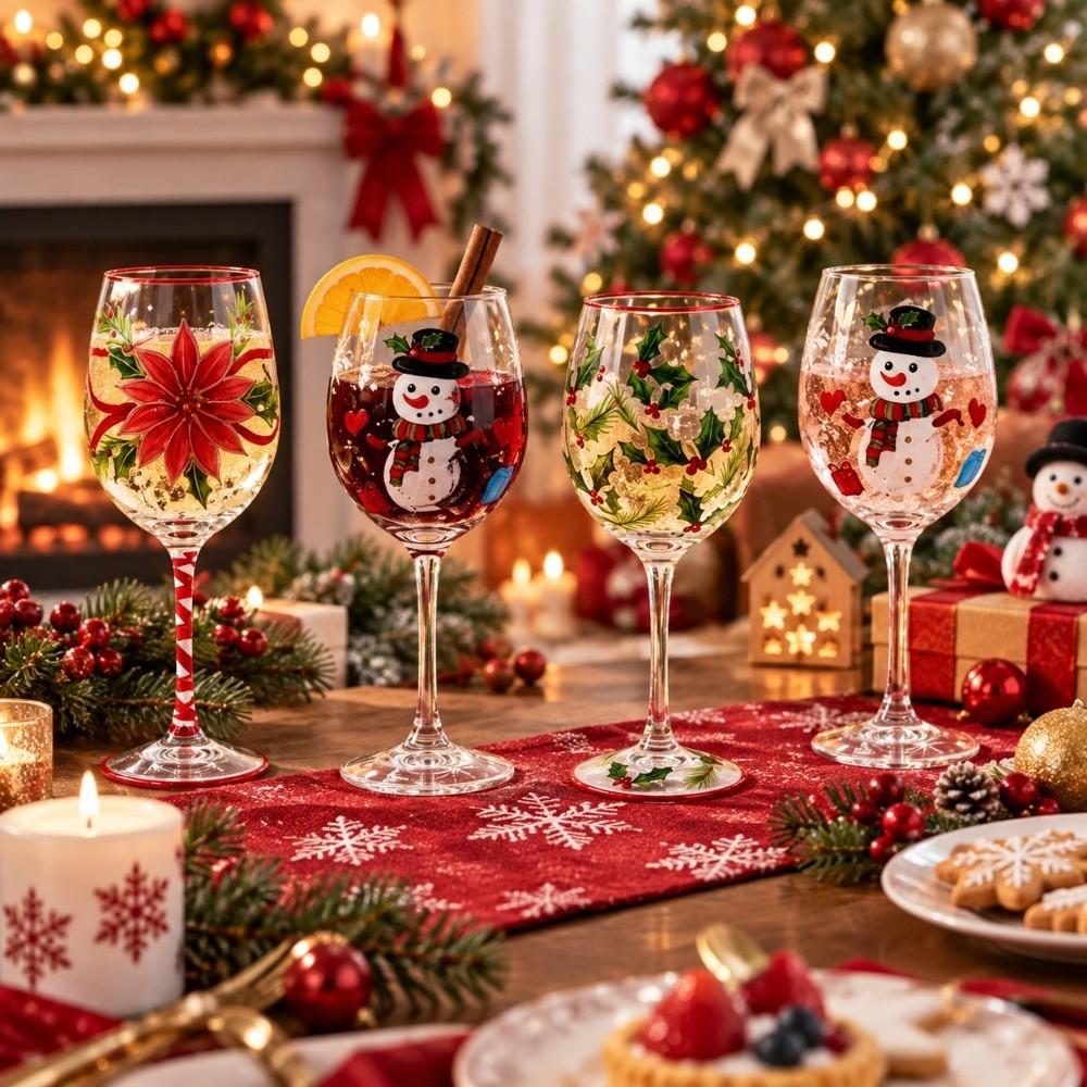 2D Hand Painted Christmas Wine Glass Poinsettia Red Wine Cup Clear Stemmed Cup Home Bar