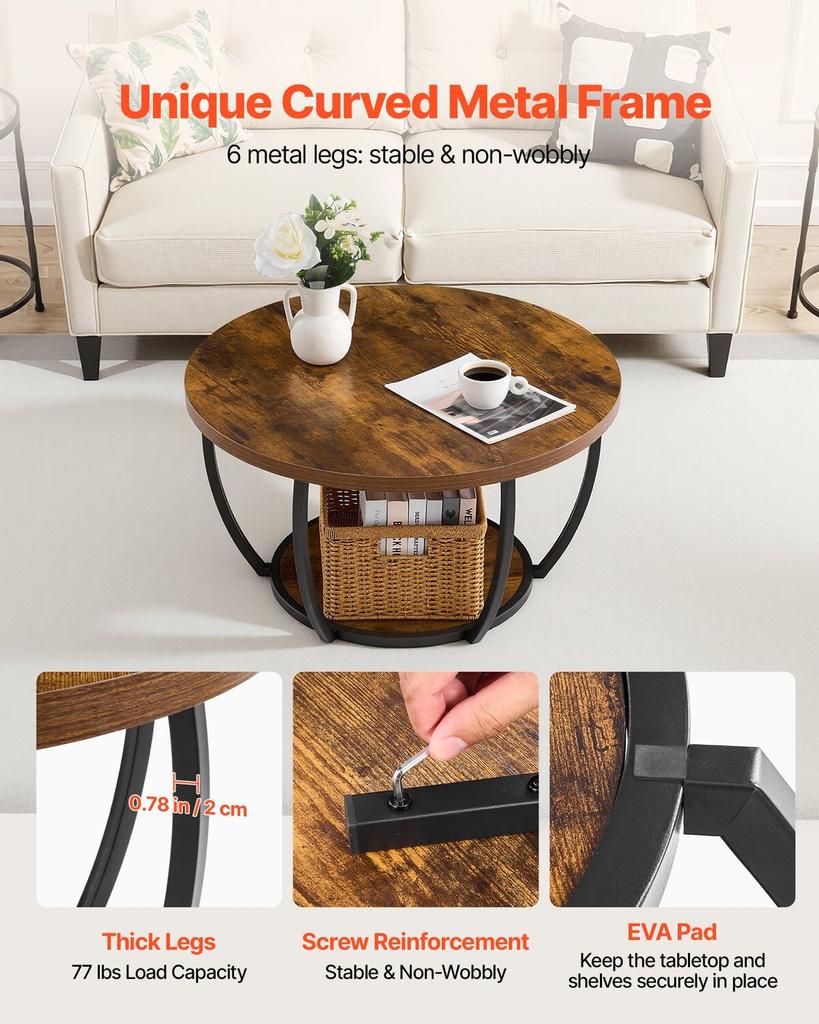 Coffee Table, Modern Round Coffee Table, 2 Tiers Wooden Circle Center Desk with Open Storage, Minimalist Sturdy Metal Frame Accent End Desk for Living