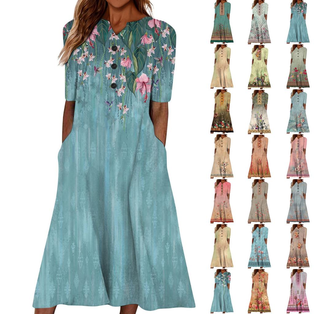 Summer Dress For Women 2023 Casual Printed V-Neck Short-Sleeve Beach Swing Dress