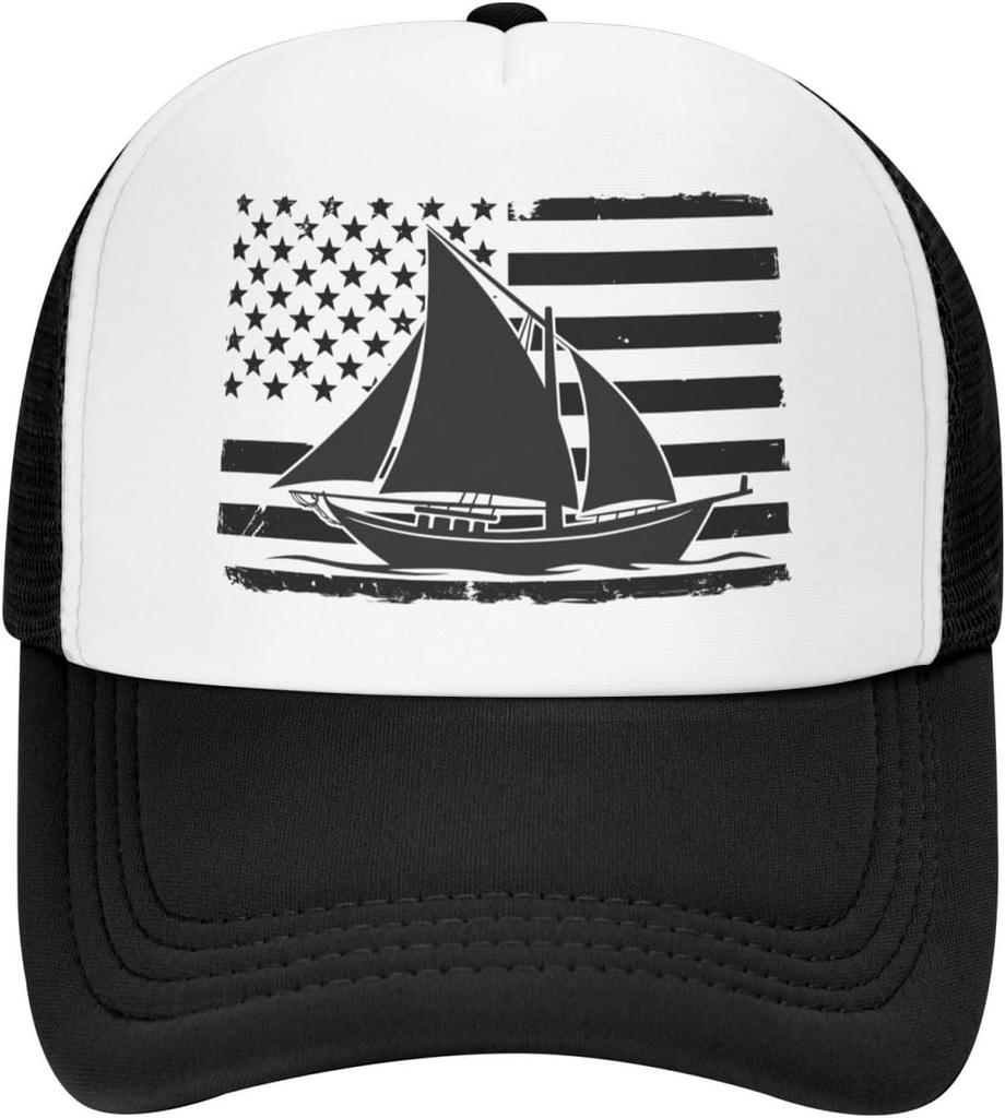 Distressed American Flag Sailboat Trucker Hat Sailing Graphic Mesh Cap Adjustable Outdoor Dad Hat