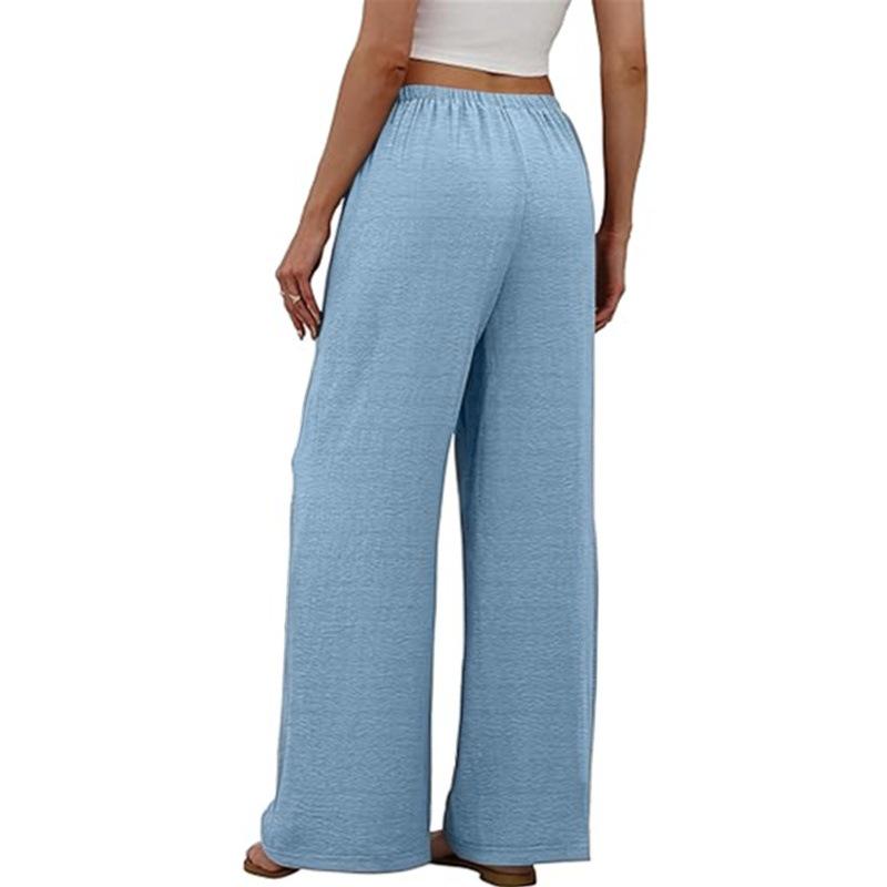 European & American Women's Casual Wide-Leg Beach Pants with Elastic Waistband & Pockets