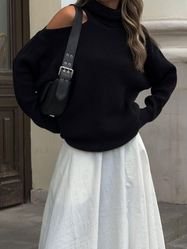 High Neck Off-Shoulder Sweater Women's Autumn Winter Ins Style Matching Knit Sweater Loose Pullover