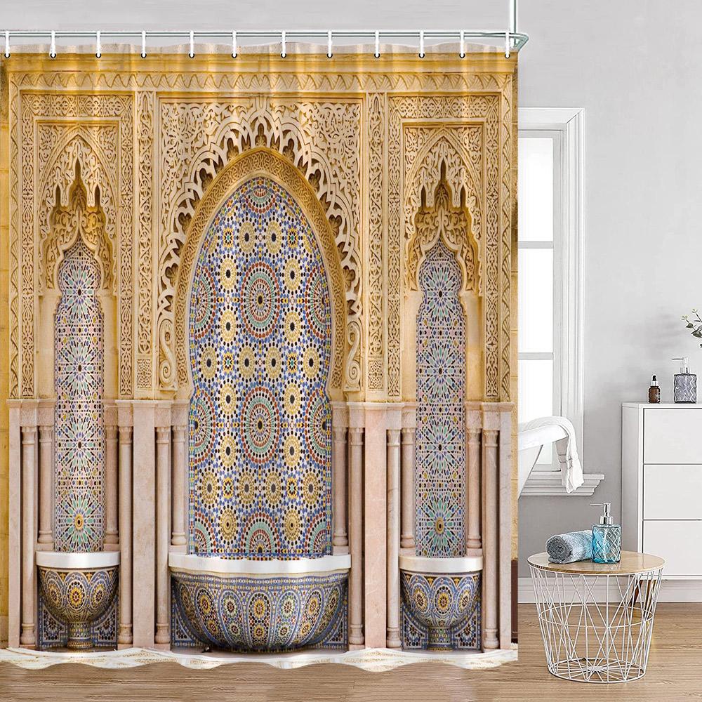 Vintage Moroccan Shower Curtain Ethnic Style Floral Art Retro Architecture Door Bathroom Curtain Polyester Home Decor With Hooks