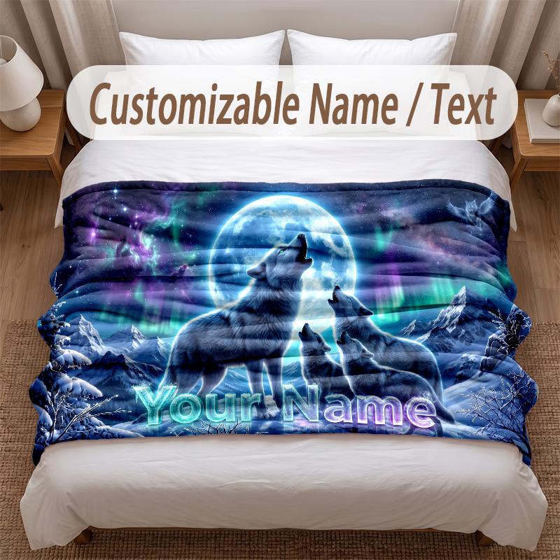 Wolf Theme Soft Blanket Personalized Custom Name Text Print Warm Blanket Home Sofa Bedroom Decor
