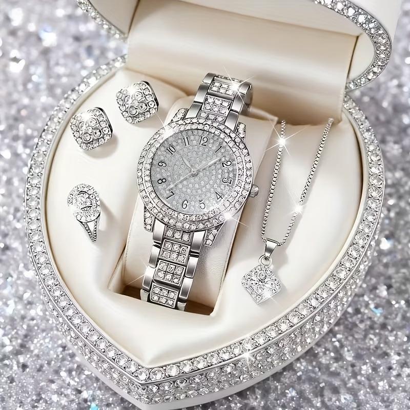 5Pcs Ladies Watch Set, Stylish Casual Ladies Quartz Watch And Necklace Ring Earrings Jewelry Set
