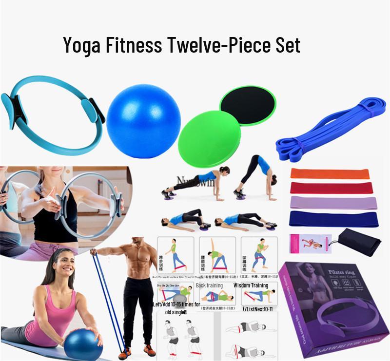 12-Piece Yoga Pilates Set: Yoga Ball, Latex Resistance Band, Elastic Ring, Gliding Disc In Box