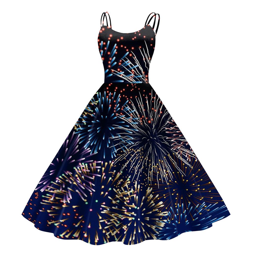 Dámské Novoroční Tištěné Ležérní Módní Midi Šaty s Kulatým Výstřihem