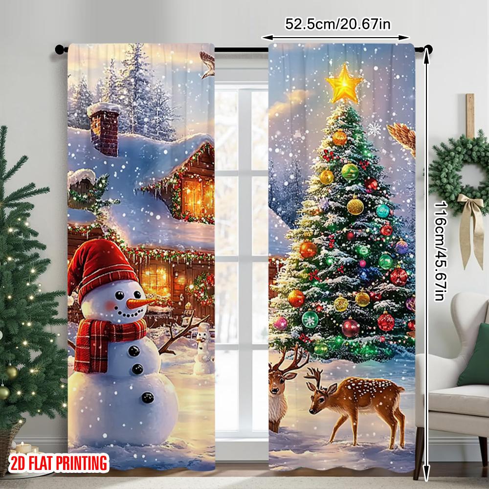 2pcs 2D Flat Printing Merry Christmas Window Drapes Christmas_ Fabric Without Electricity Versatile Perfect for Indoor