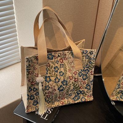 Large Capacity Floral Bag for Women New Storage Bag for Women Ins Fashionable and Versatile Linen One-shoulder Handbag for Women