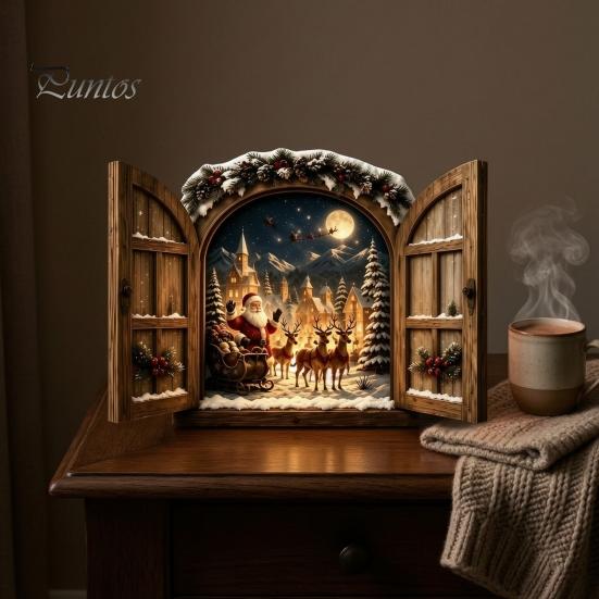 Christmas Gift for Family Santa Claus Window Light, 3D Lighted Wall Decor, Warm LED Reindeer Snowy Decoration Village Scene, USB Powered Holiday