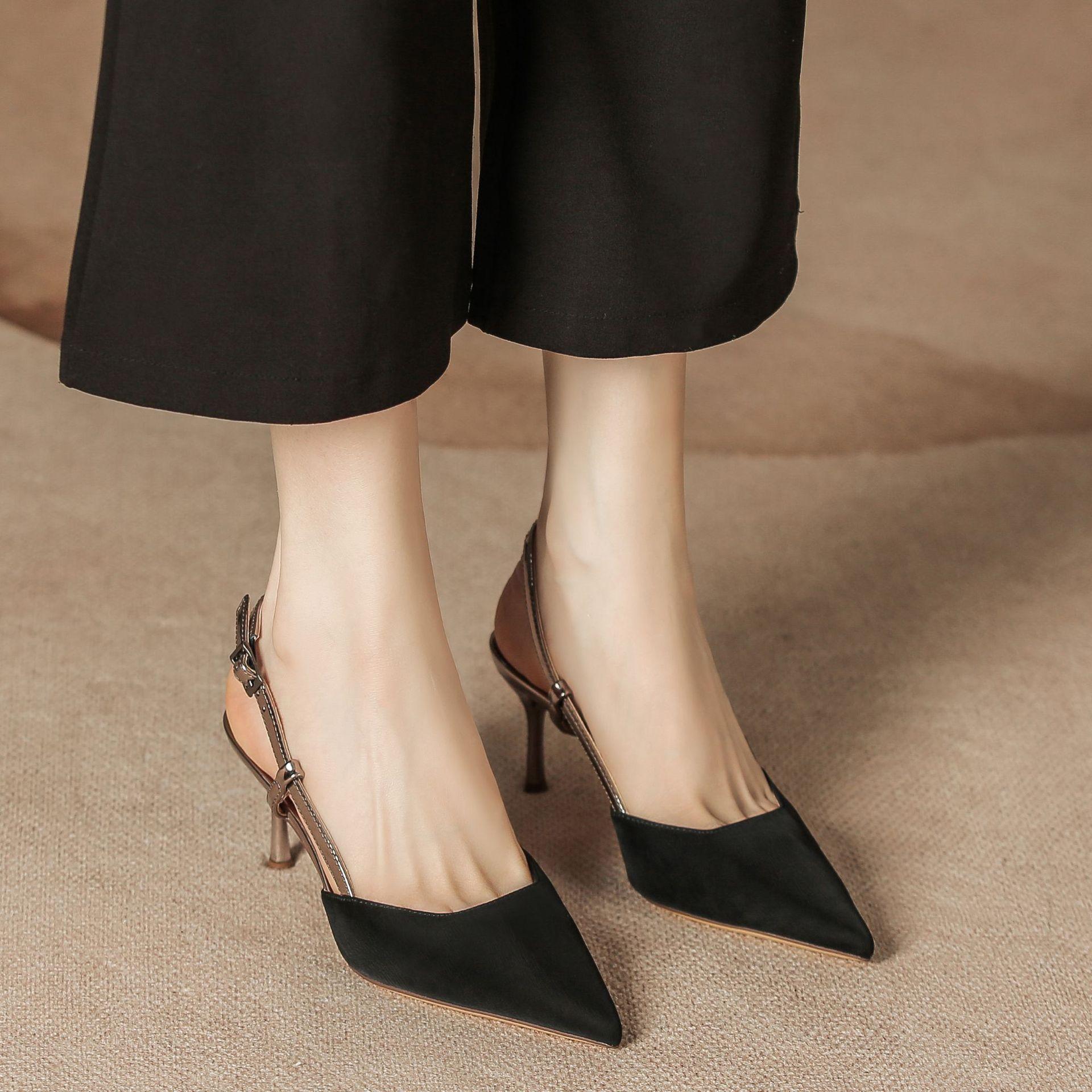 

H1933-45 Solid color high-heeled sandals women s half-bag head back empty summer sandals light mouth temperament small fragrant shoes women 34 чёрный