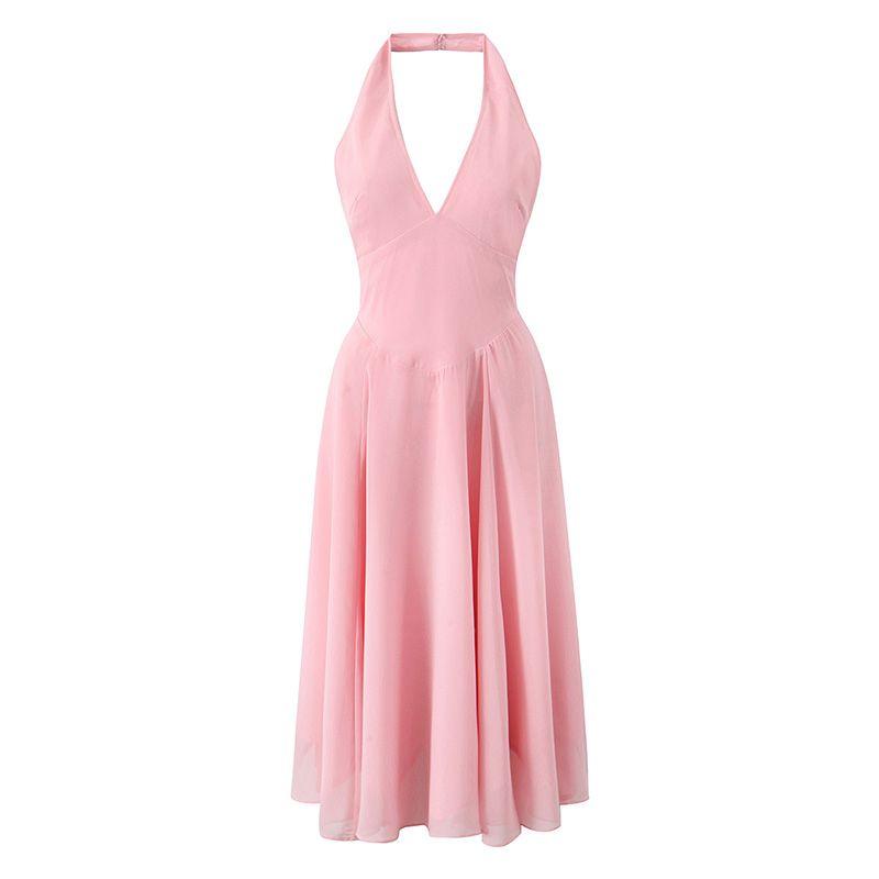 Peach Blossom House Same Style French Atmosphere Peach Pink Deep V Neck Sexy Halter Mid Length Long Length Dress