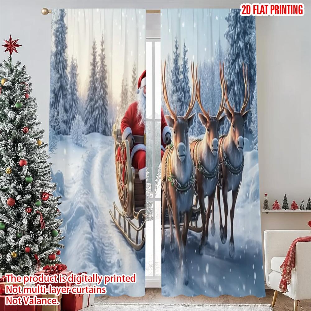 2pcs 2D flat printing Christmas Curtains Santa Claus_ sleigh and reindeer Digital Printed Polyester Drapes Festive Curtains for