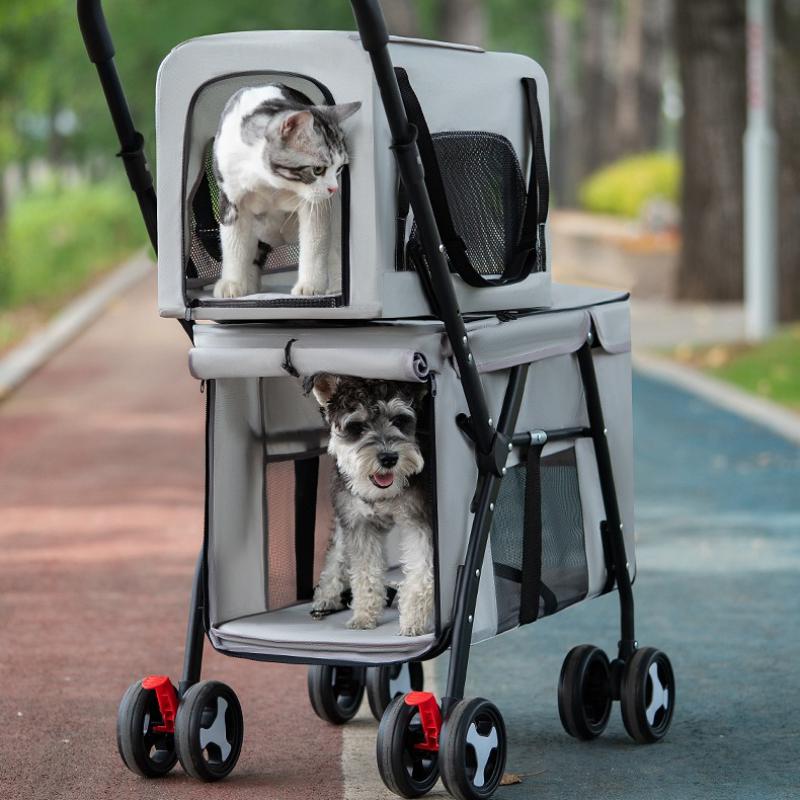 2-layer Pet Cart Lightweight Foldable Pet Outdoor Travel Stroller Ventilated Breathable Dog Cart Multifunctional Dog Carriers