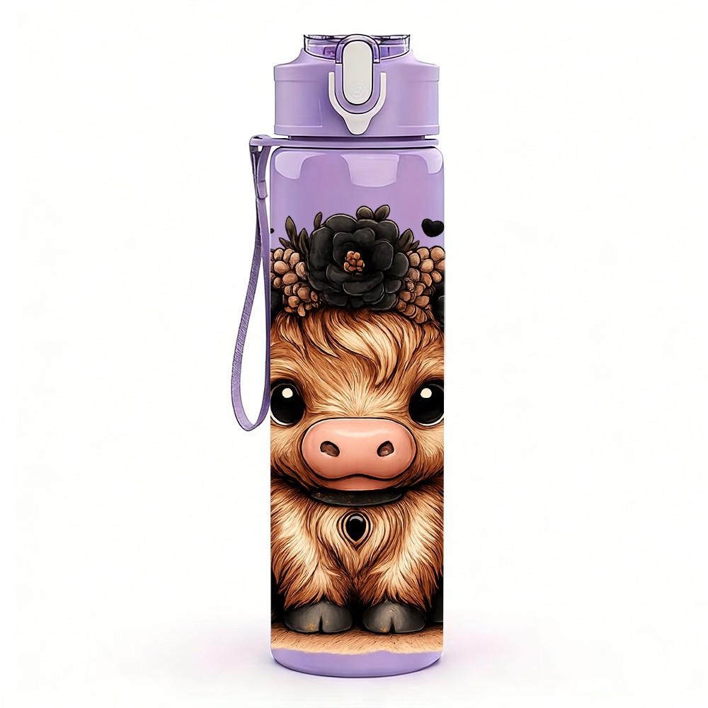 1PC Fluffy Highland Cow Art 750ml Color Plastic Sports Water Bottle Leakproof Flip Straw Lid Suitable for Sports Office Home Use