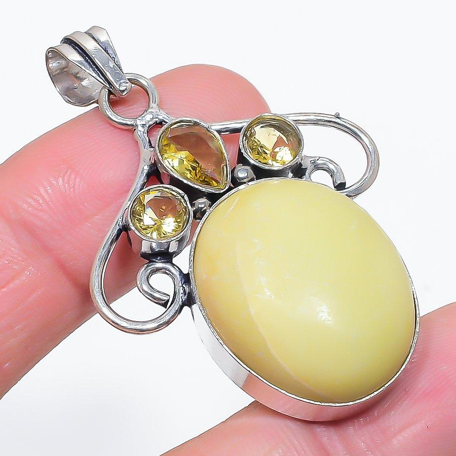 Natural Swiss Green Opal, Citrine 925 Sterling Silver Jewelry Pendant 2.05" w8C52
