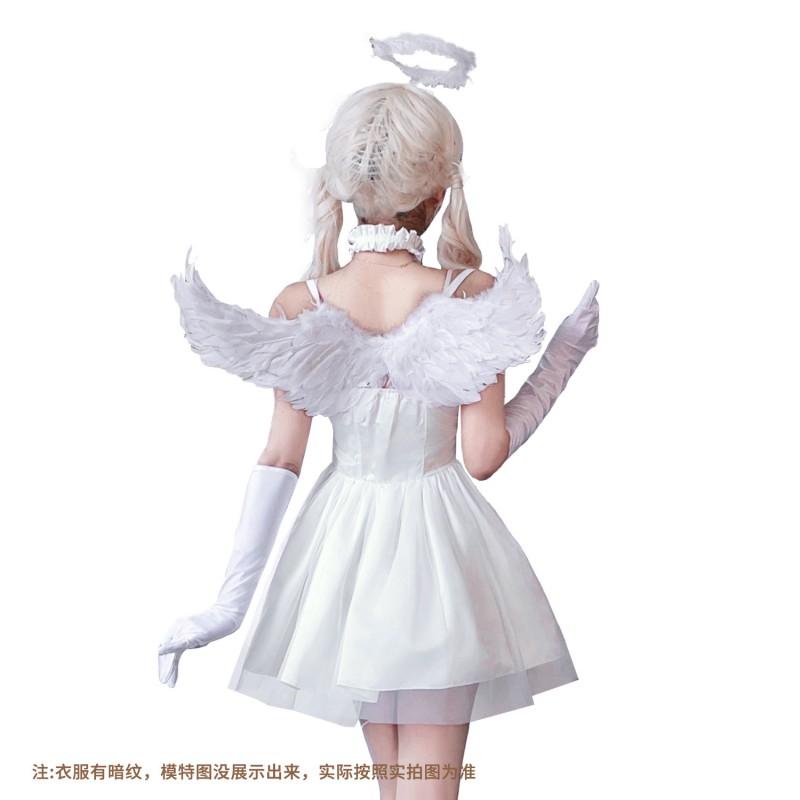 Gothic Angel Devil Halloween Costume Women - Black White Dress With Wings Neckpiece Gloves Headpiece Cross Necklace