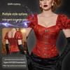 Retro Red Brocade Puff Sleeve Fishbone Bodice Corset with Square Neck Jacquard