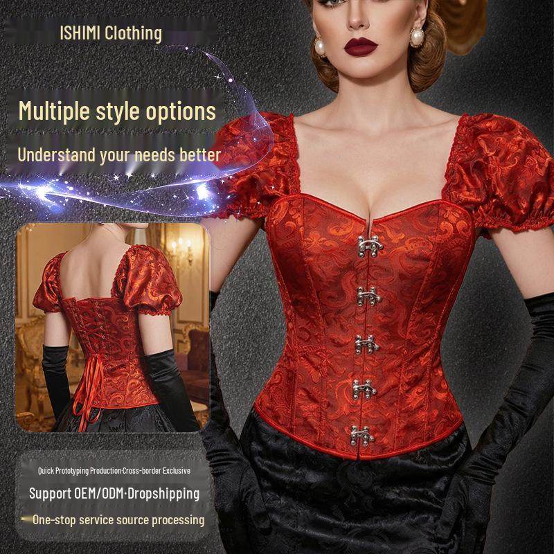 Retro Red Brocade Puff Sleeve Fishbone Bodice Corset with Square Neck Jacquard