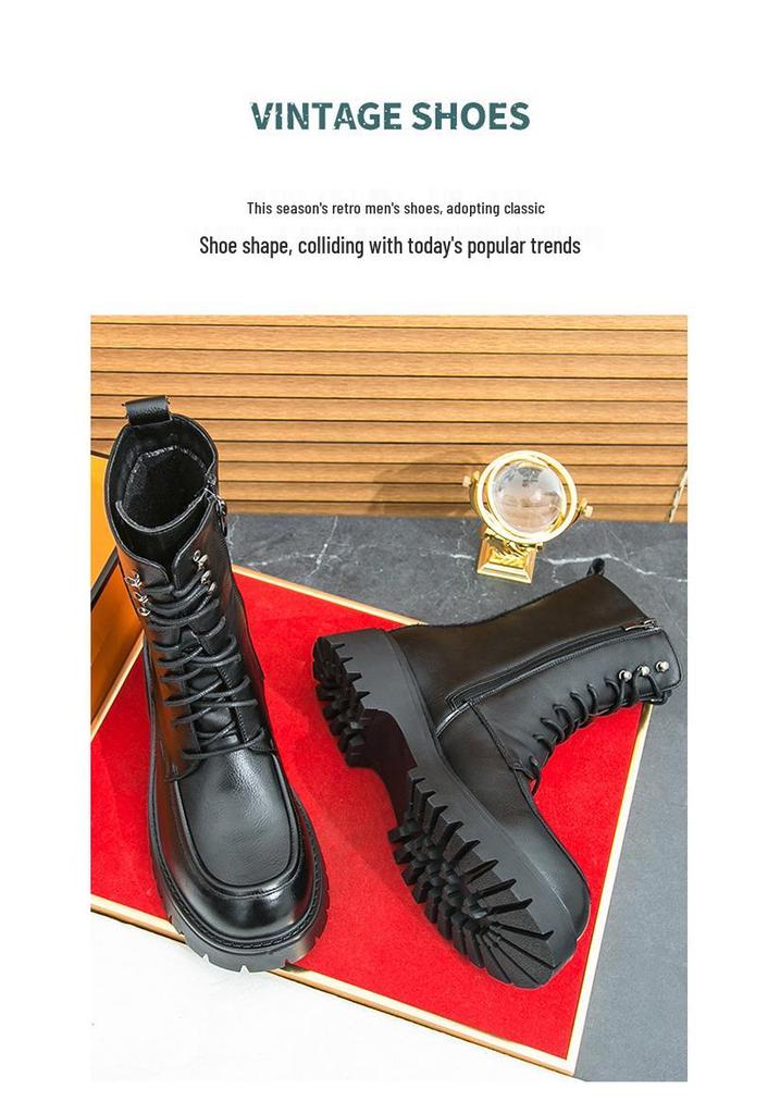 Men's British Style Leather High-Top Martin Boots - Autumn/Winter, Thick Sole, Height-Increasing, Long Lace-Up, Motorcycle Design.