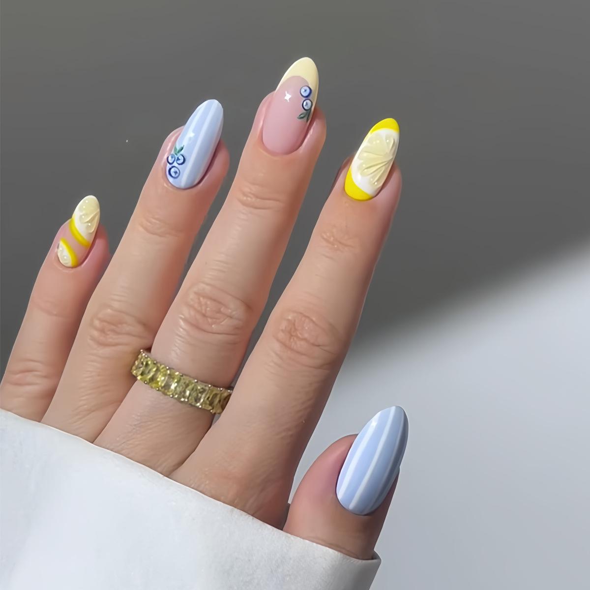 24 pièces d'ongles artificiels frais d'été, bouts d'ongles, bord blanc, style français, teints citron myrtille, à presser, longs, amande, faux ongles coréens