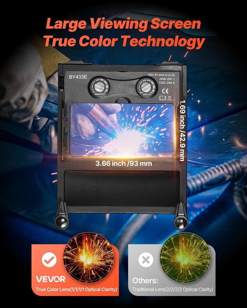 Welding Helmet Auto Darkening, 93 X 43 Mm True Color Welding Hood, Solar Powered Welder Mask 2 Arc Sensors, Shade 4/9-13 for TIG MIG ARC Weld Grinding