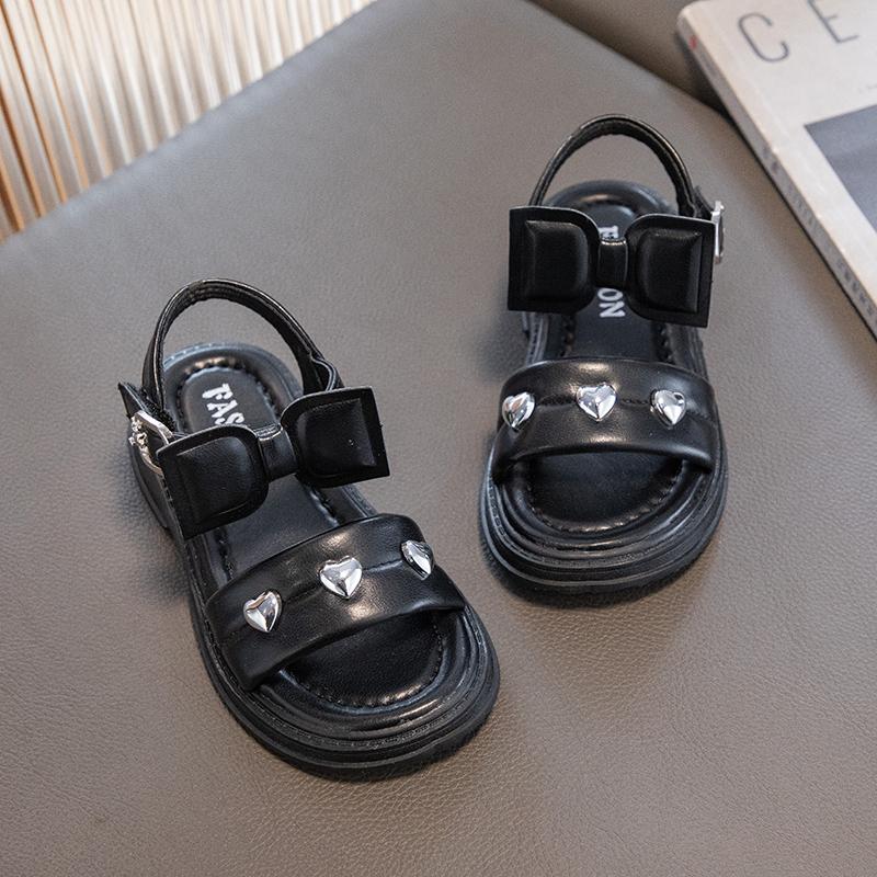

Girls Sandals Children Fashion Versatile Love Decoration and Bow Open-toe Kids Casual Shoes 2024 Breatheable Simple Korean Style 26 чёрный
