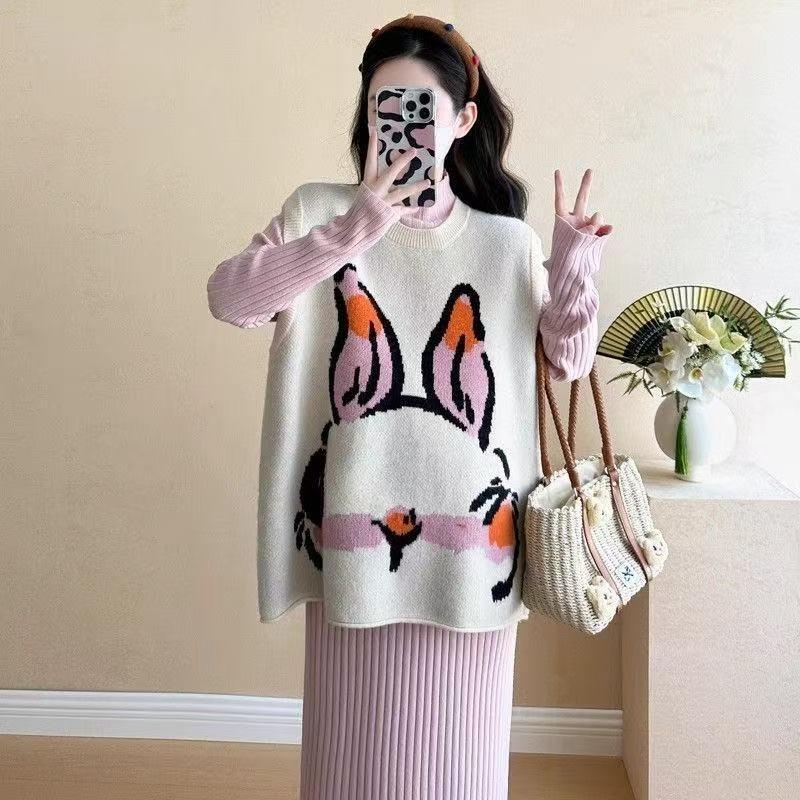 

Женский жилет жаккардовый с кроликом, без рукавов, оверсайз, вязаный свитер с круглым вырезом, свободный, модный, милый женский пуловер onesize розовый