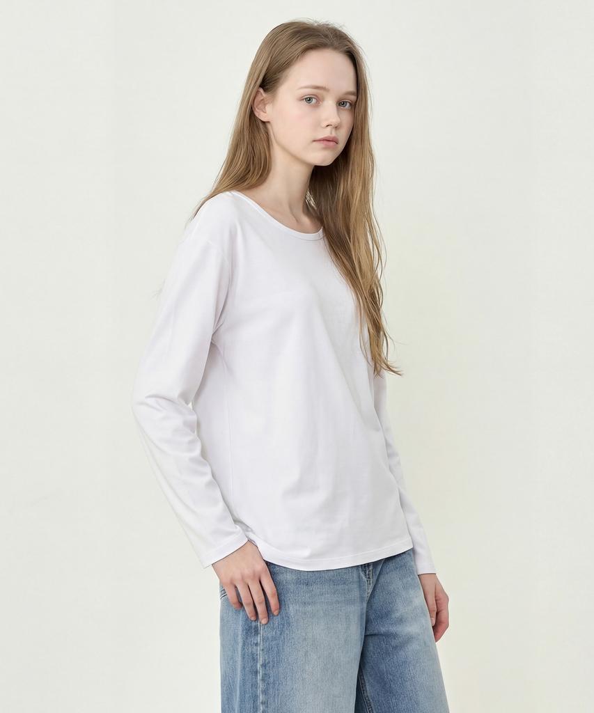BASIC HOUSE Women'S Flowy Spandex U-Neck Oversized Long Sleeve T-Shirt White