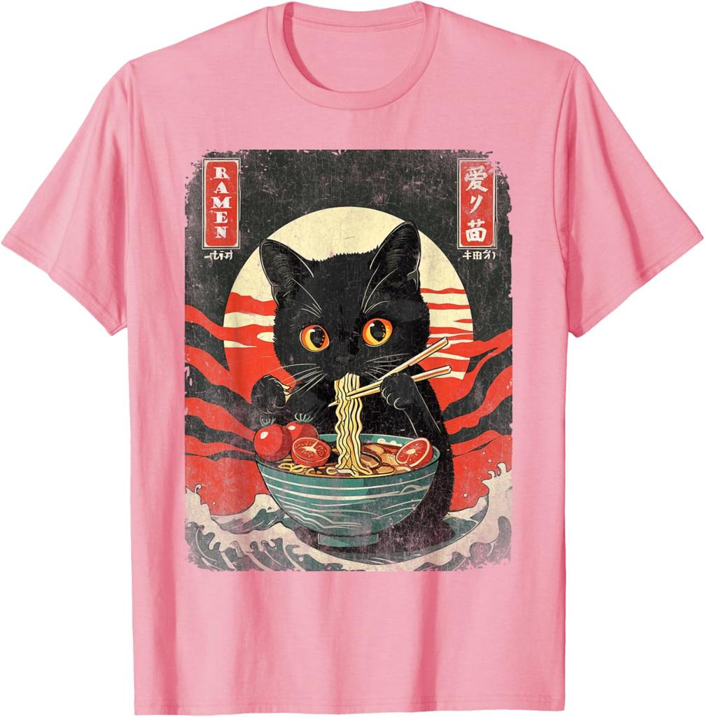 Black Cat Eating Ramen Japanese Style Graphic Tee Men Casual Short Sleeve T-Shirt