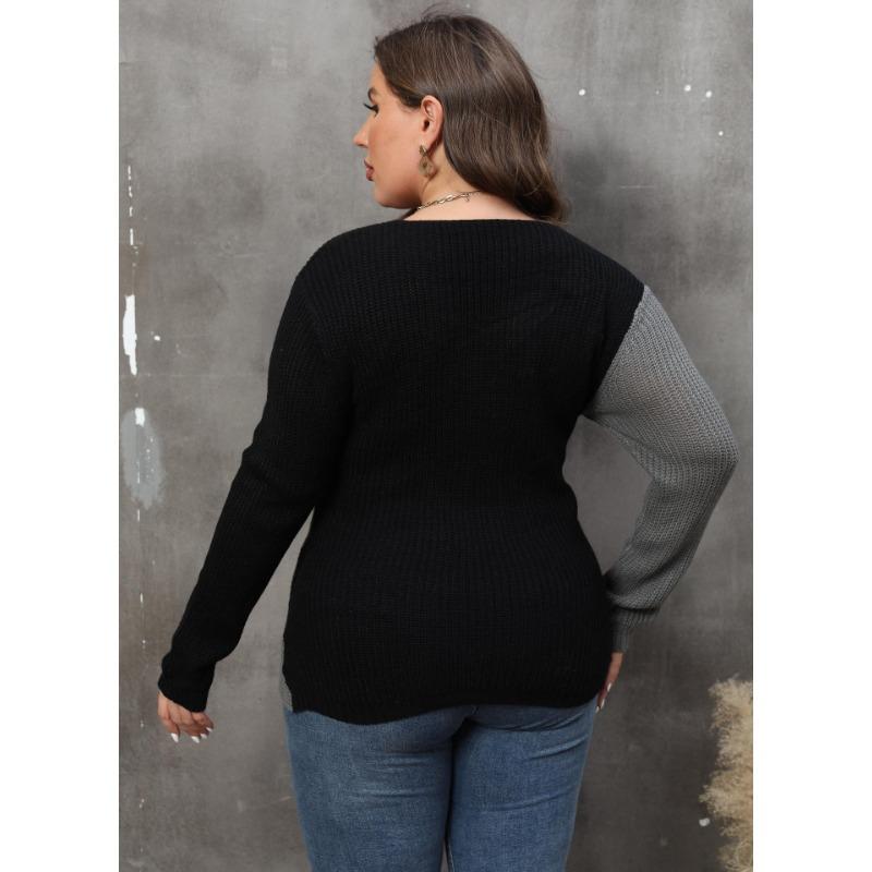 Women Plus Size Color Block Beaded Deep V Cross Long Sleeve Sweater