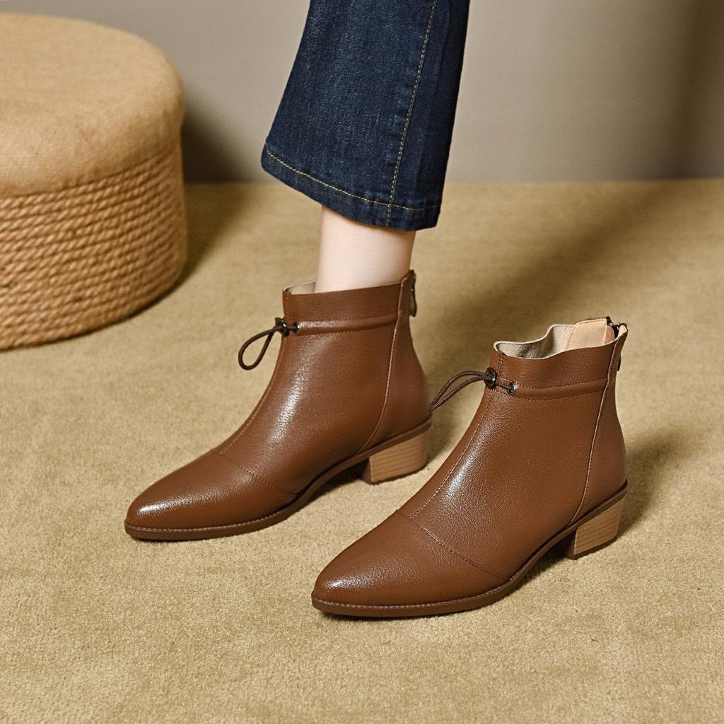Pointed Short Boots Women's 2025 French Ruffle Edge Mid-heel Leather Boots Thin Women's Cotton Boots Fashion Boots Ankle Boots Large Size Women's Sho