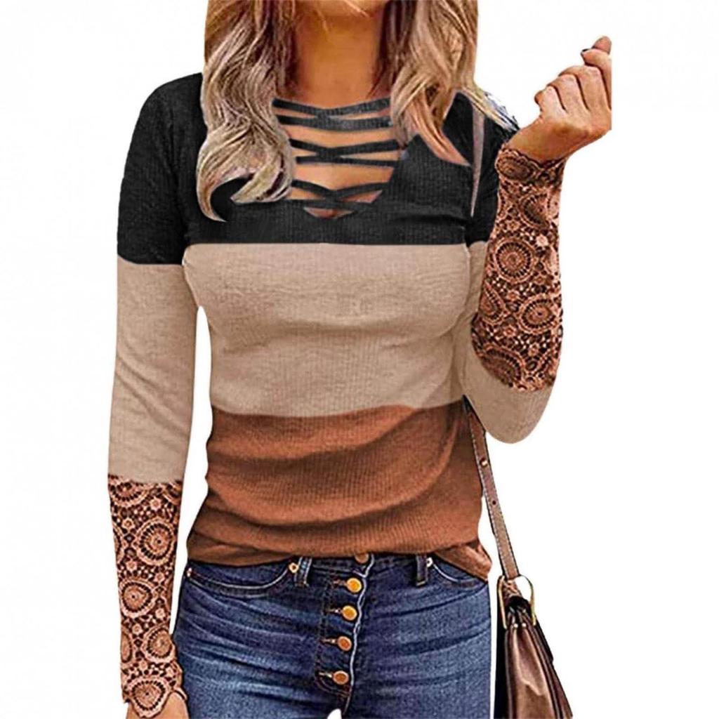 Slim Knit Fall New Women'S  Lace Long Sleeve V-Neck Printed Women'S T-Shirt