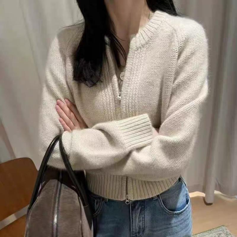 Women's Stylish Short Wool Knit Cardigan, Round Neck, Autumn Winter Cashmere Sweater Coat with Double Zipper.