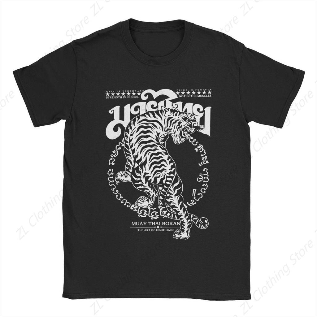 Men's T-Shirts Muay Thai Sak Yant Tiger Unique 100% Cotton Tee Short Sleeve Boxing Fighter T Shirts Round Neck Clothing Summer