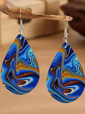 1pair Double-sided Printed Wooden Droplet Shaped Ear Drop Earrings, Suitable For Women's Daily Wear