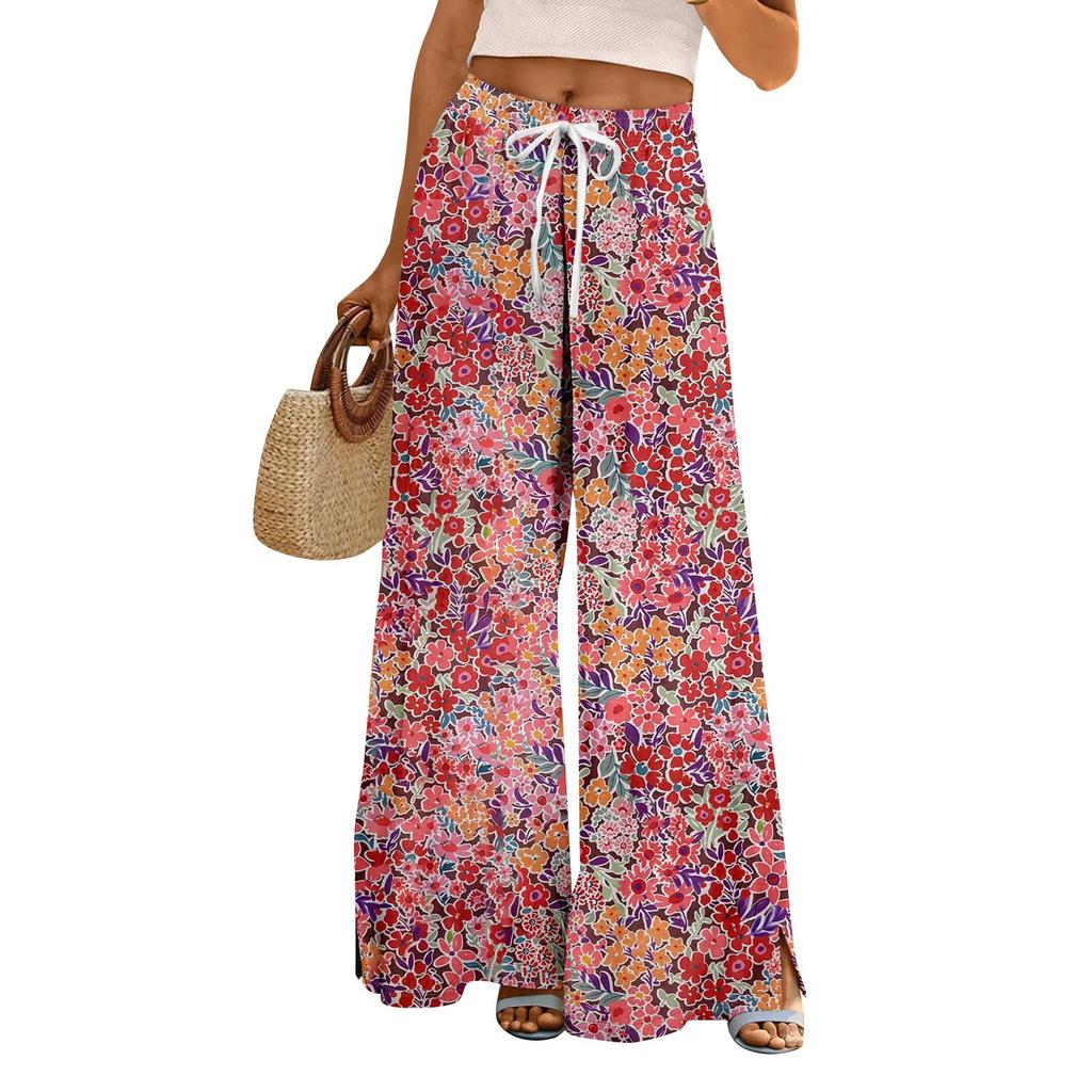Damen Sommer Boho Palazzo Hose Hohe Taille Weites Bein Blumendruck Freizeithose Mit Taschen