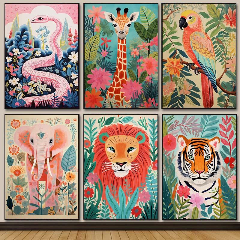 Pastel Botanical Jungle Animal Poster Giraffe Elephant Lion Parrot Snake Tiger Print Wall Art Picture Canvas Home Decor