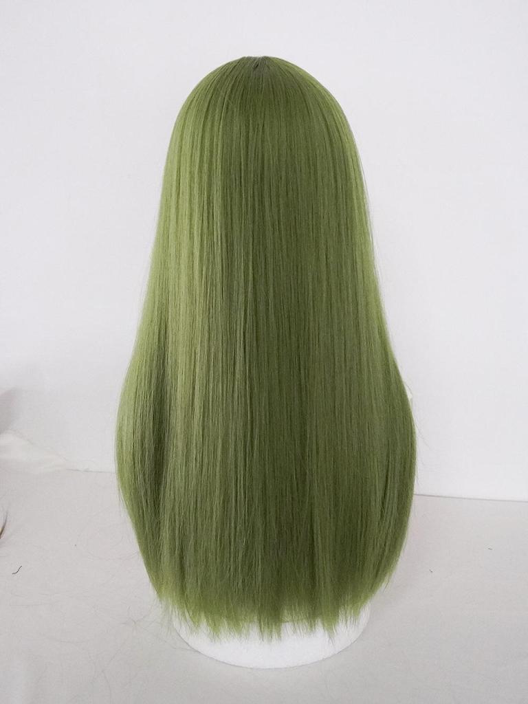 Green Long Straight Wig with Bangs - High-Temperature Fiber, European & American Style