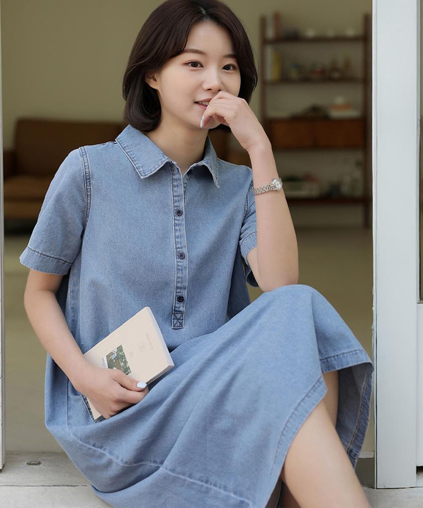 Ppaeppae Collared Neck Pocket Short Sleeve Shirt Denim Long Dress