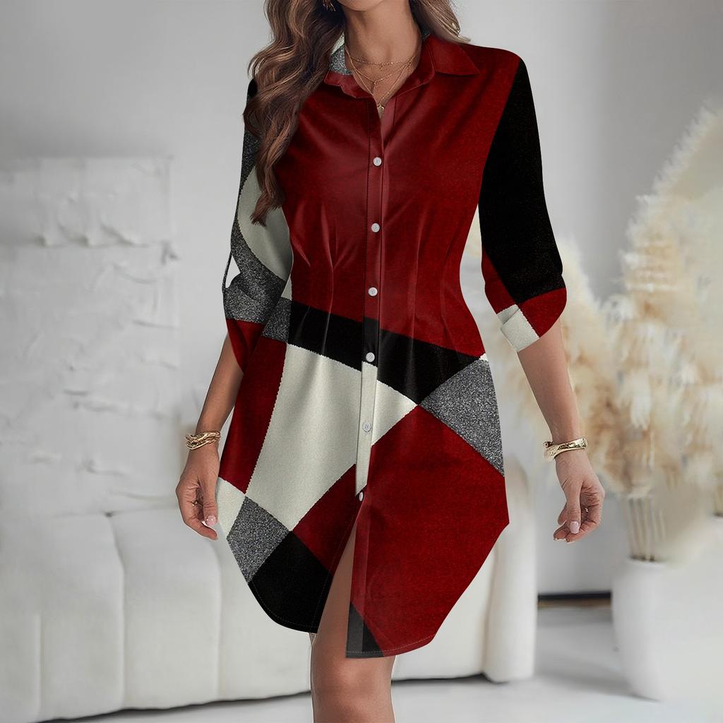 Damen Locker sitzendes V-Ausschnitt Langarmkleid Druck Arbeitshemdkleid